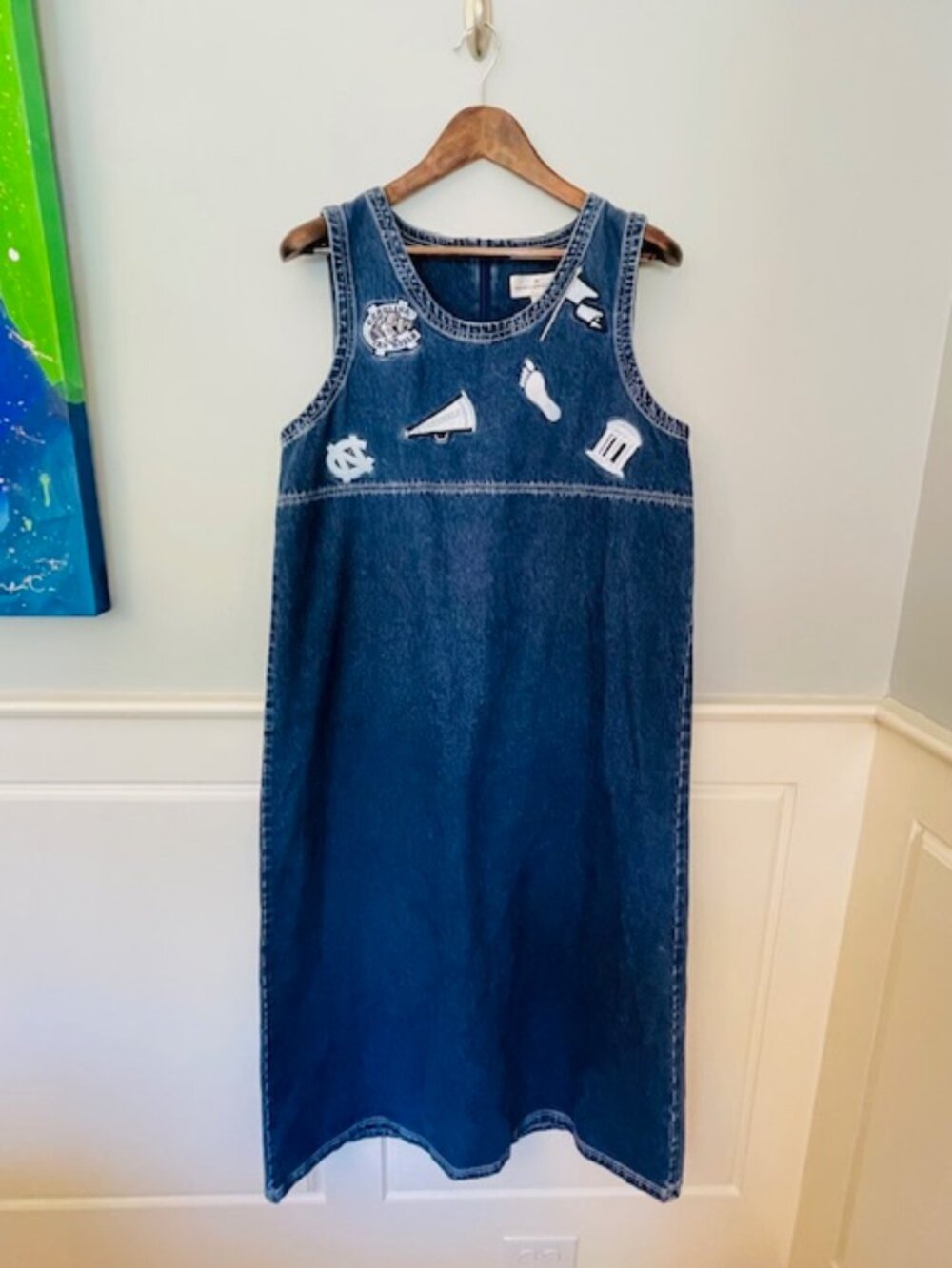 Vintage UNC Tar Heels Denim Jumper Dress NCAA Collegiate 90s Patch Shift Dress L - Picture 2 of 6